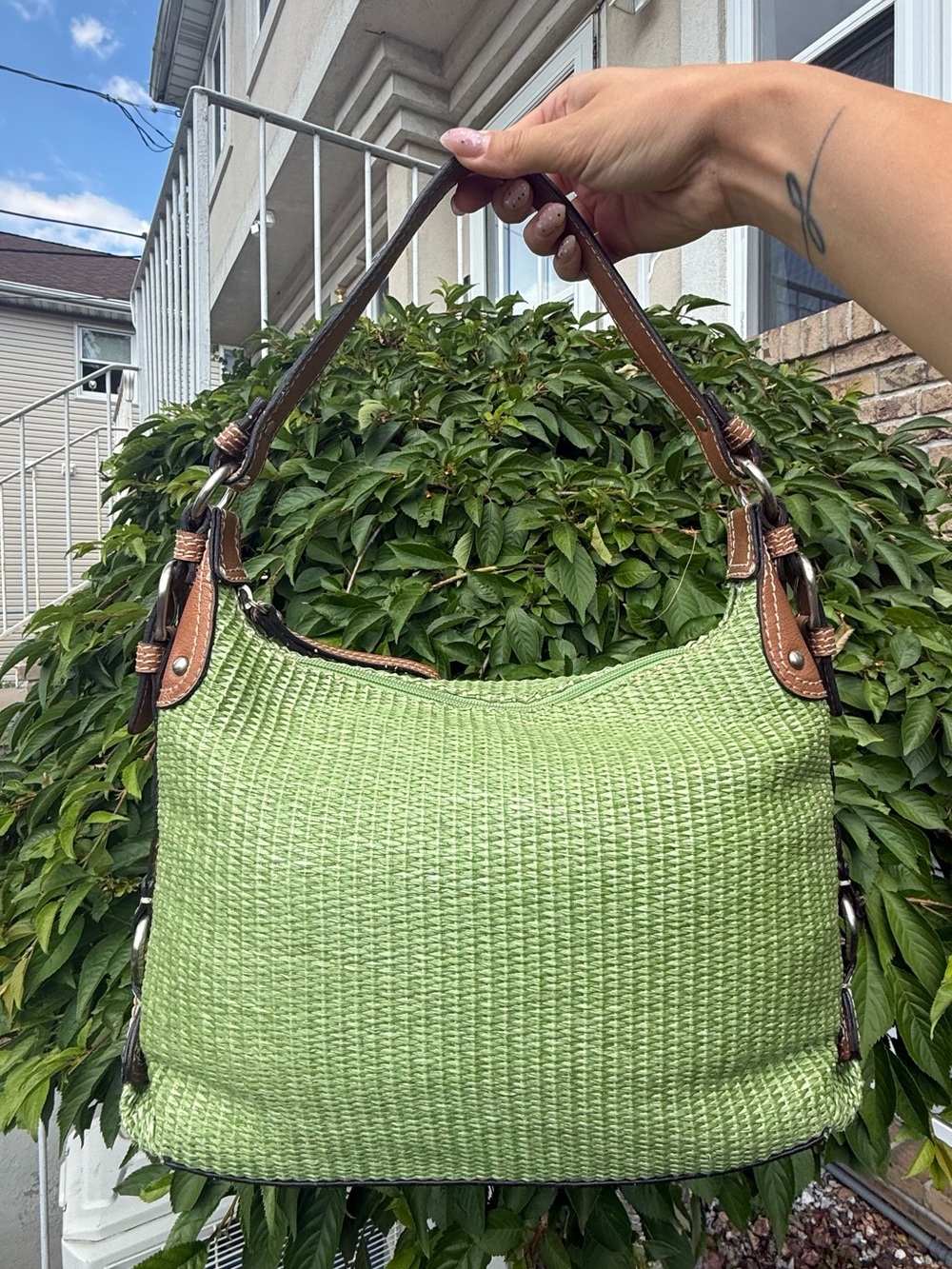 Vintage Y2K Fossil Lime Green Woven Hobo Bag Shoulder Purse EUC